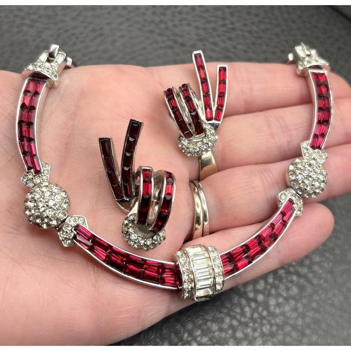 Vintage Boucher 3227 Red Baguette Rhinestone Necklace Clip On Earring Set